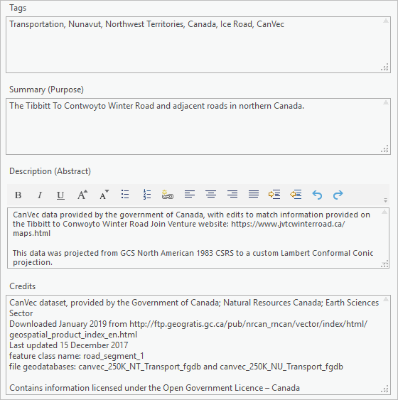 Metadata for the roads layer