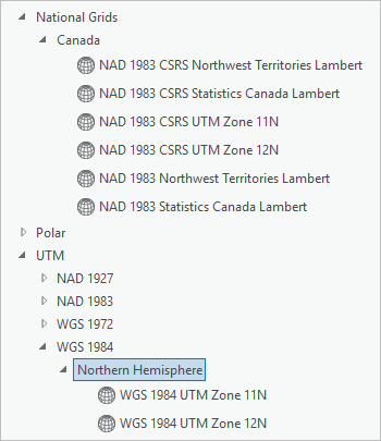 Projected coordinate systems list with National Grids > Canada and UTM > WGS 1984 expanded