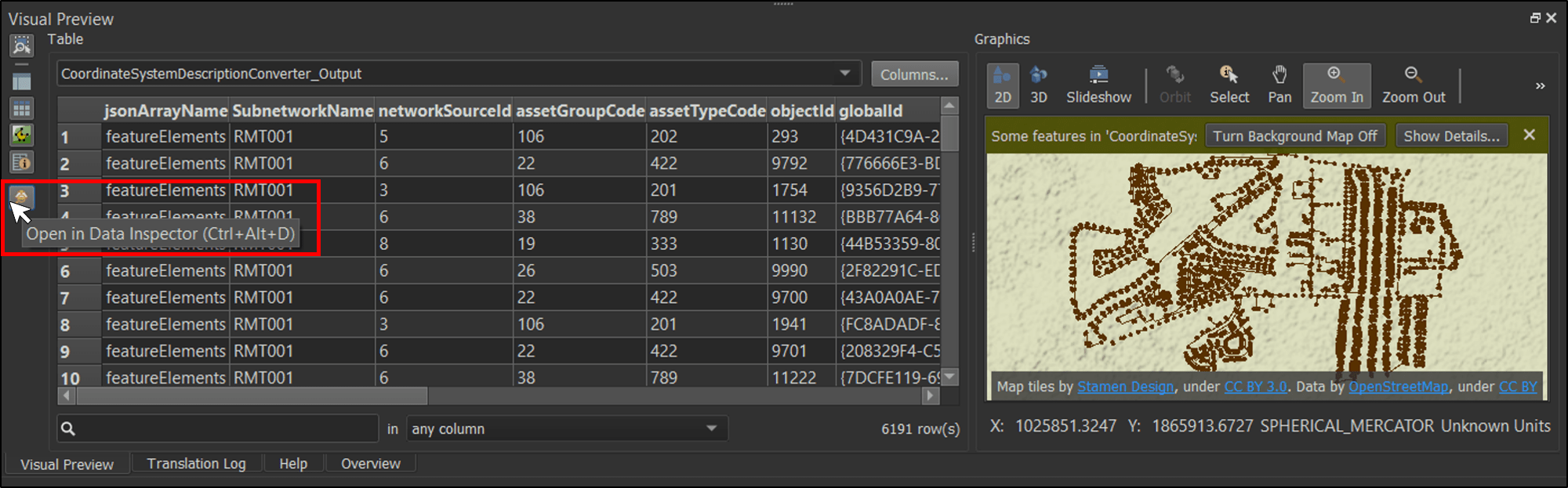 Visual preview of featureElements table in Workbench