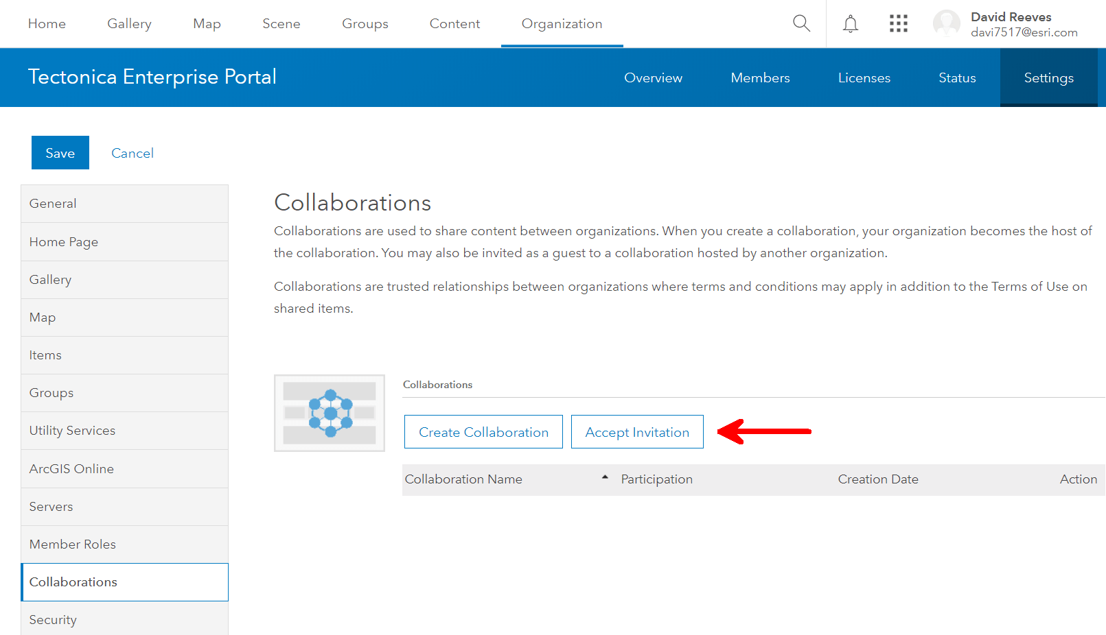 From ArcGIS Enterprise, choose to accept an invitation within the organization's settings. From ArcGIS Enterprise, choose to accept an invitation within the organization's settings.