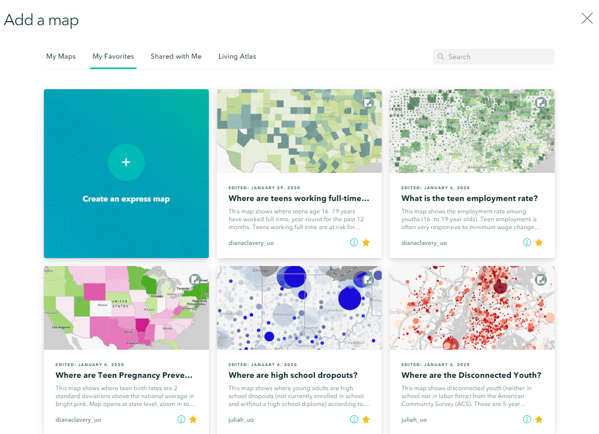 Add a map, from My Favorites, and you see the 5 maps from your collection. Add a map, from My Favorites, and you see the 5 maps from your collection.