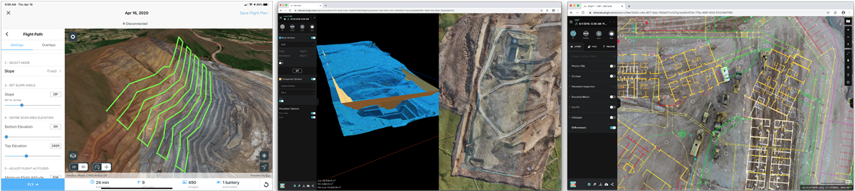 Screenshots of SIte Scan apps for working with drone imagery