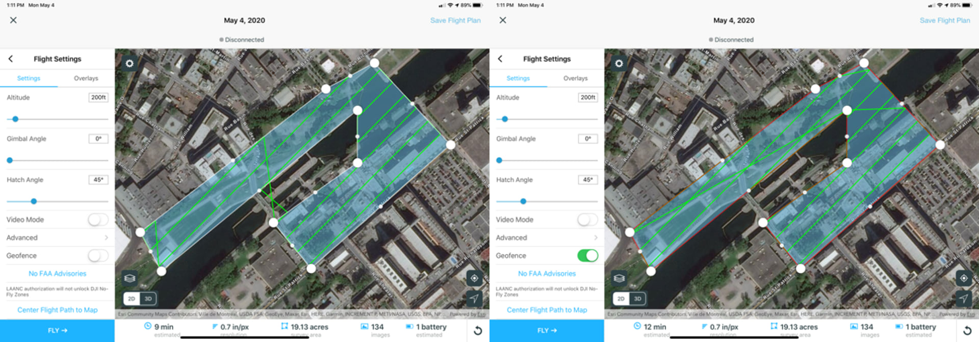 Two images comparing a flight plan that has geofencing off versus geofencing turned on. Two images comparing a flight plan that has geofencing off versus geofencing turned on.