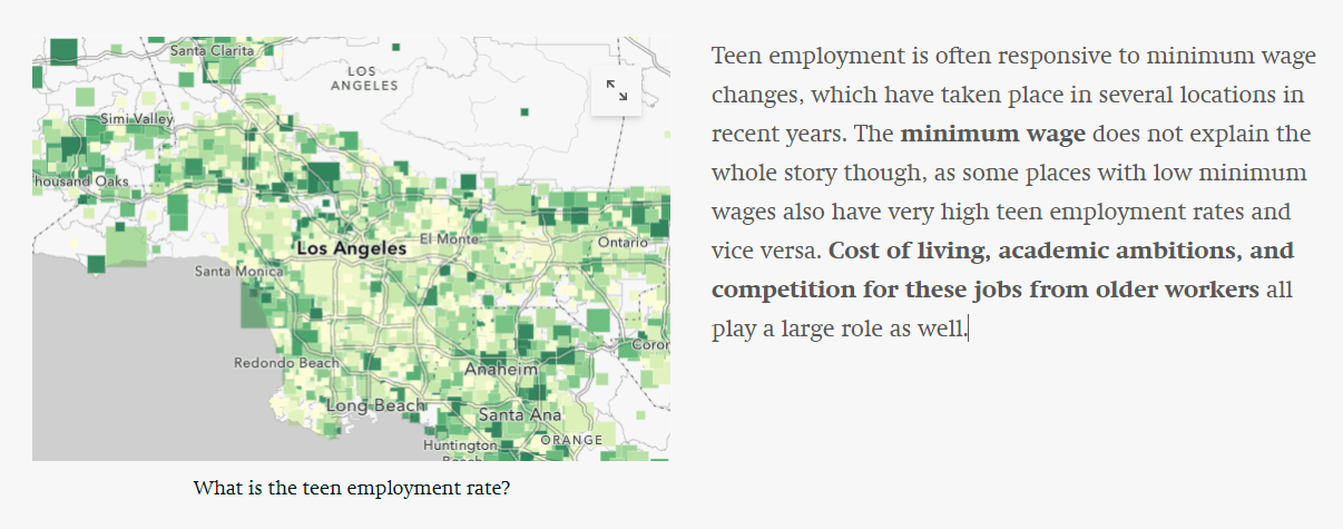 Screenshot of a small float map of teen employment in LA along side text.
