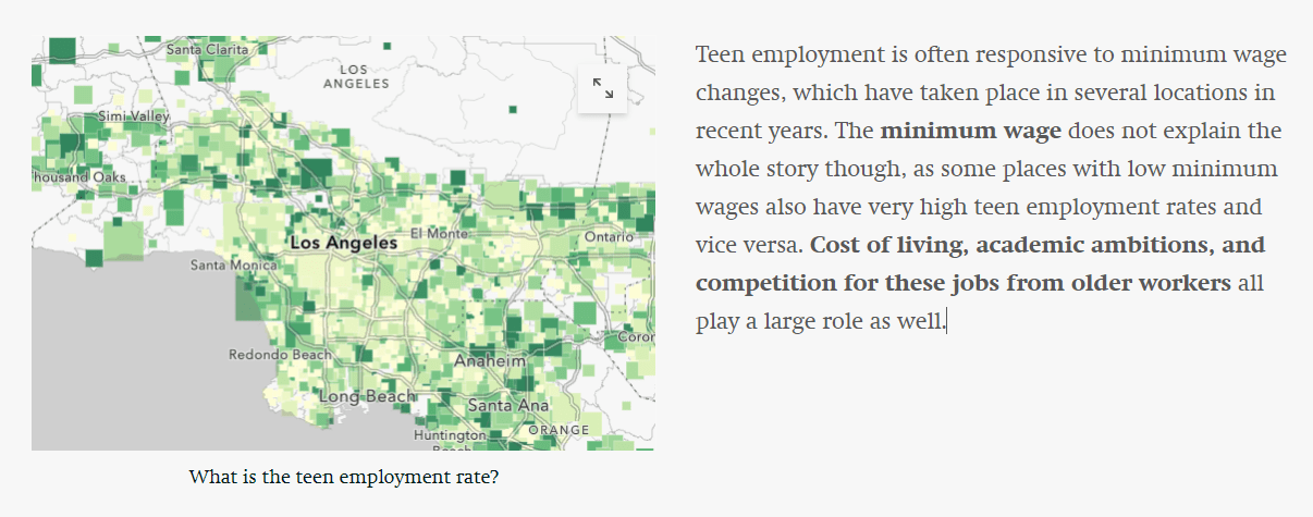 Screenshot of a small float map of teen employment in LA along side text. Screenshot of a small float map of teen employment in LA along side text.