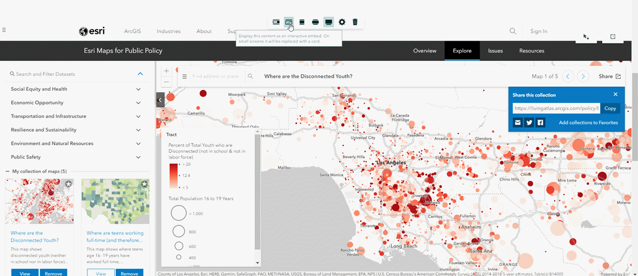 Screenshot of adding the URL to the collection of policy maps as an interactive embed within ArcGIS StoryMaps. Screenshot of adding the URL to the collection of policy maps as an interactive embed within ArcGIS StoryMaps.