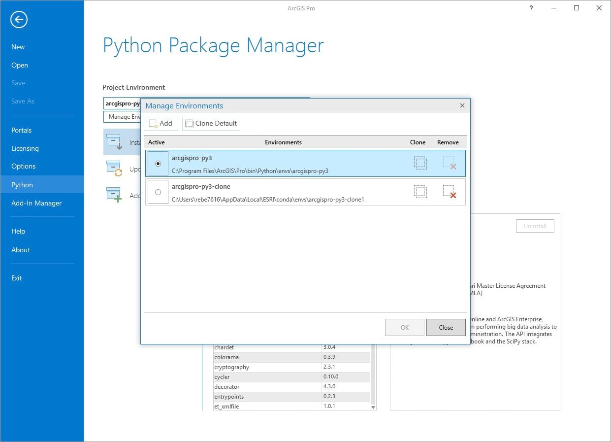 Screenshot of the python manager in ArcGIS Pro