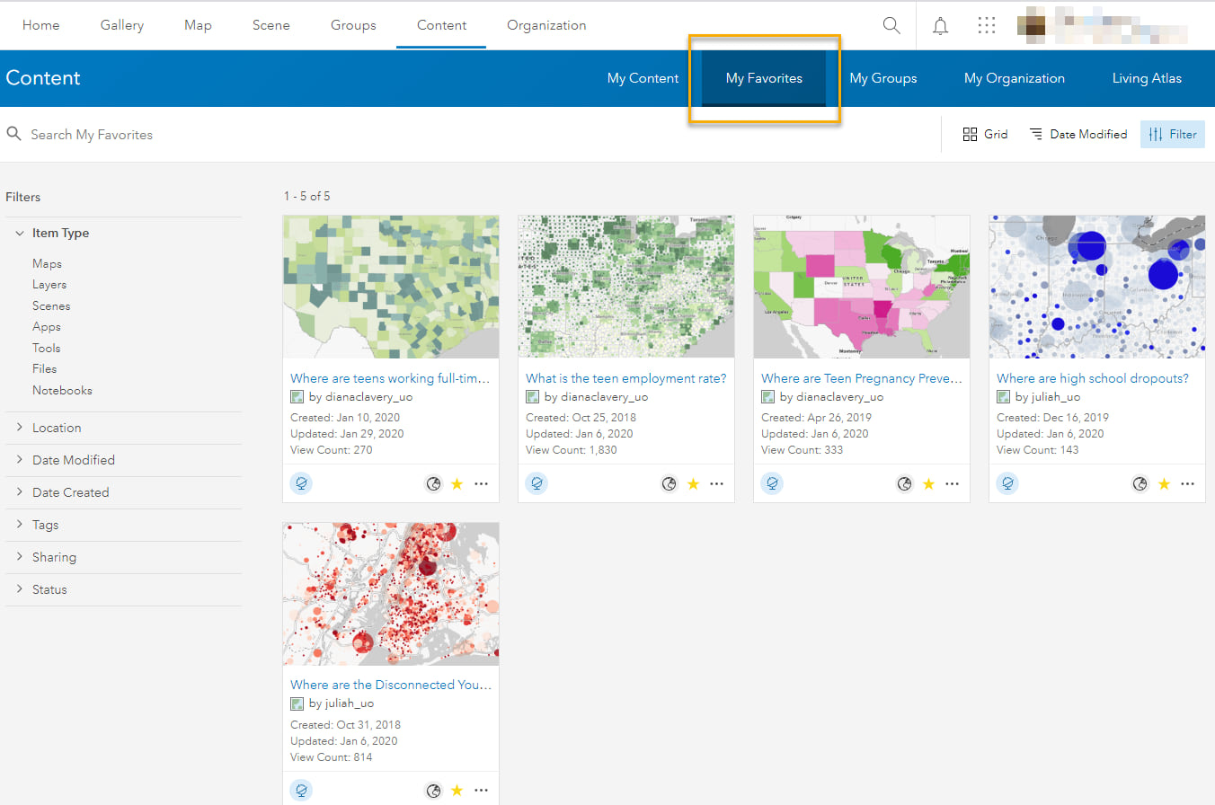 These 5 maps appear in My Favorites in my ArcGIS Online account.