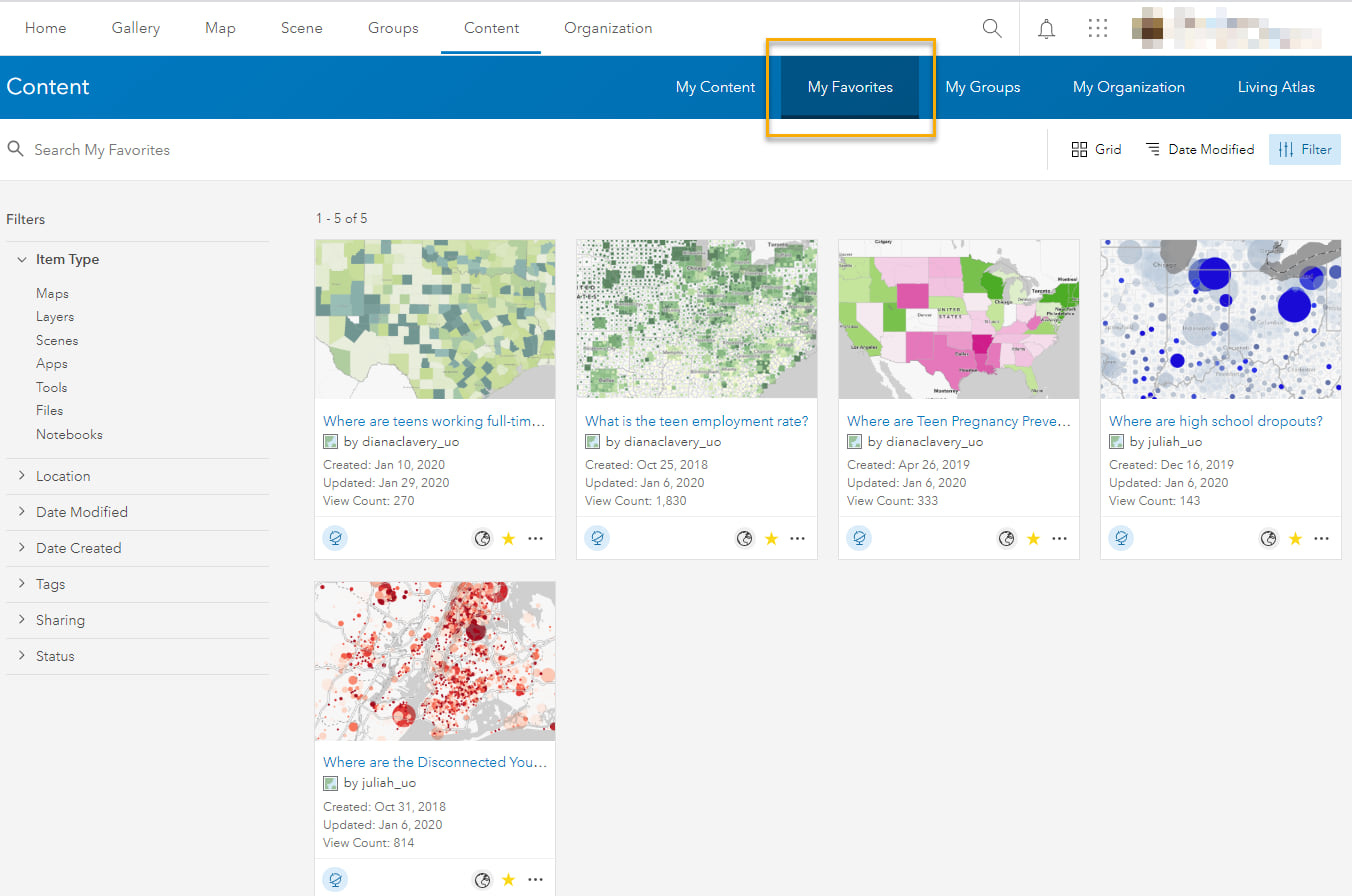 These 5 maps appear in My Favorites in my ArcGIS Online account. These 5 maps appear in My Favorites in my ArcGIS Online account.