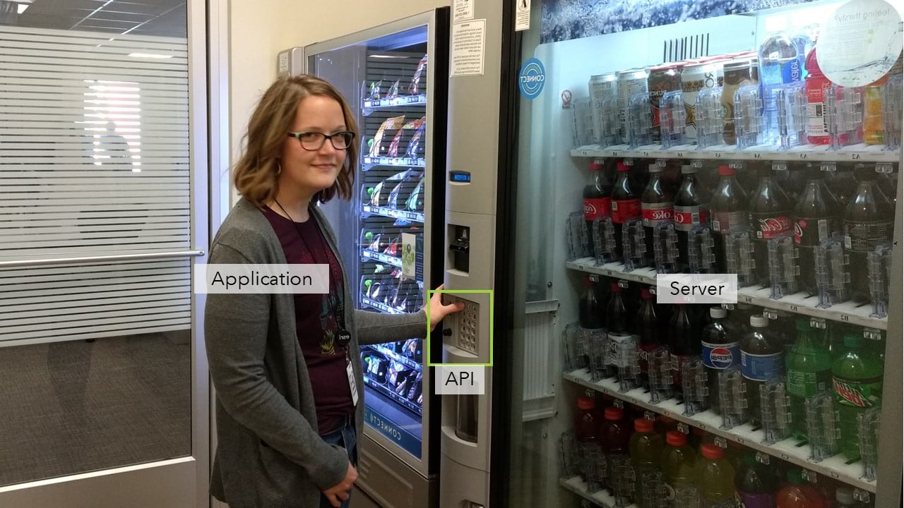 A photo showing a person requesting a soda from a vending machine as an anology for n application making a request from server