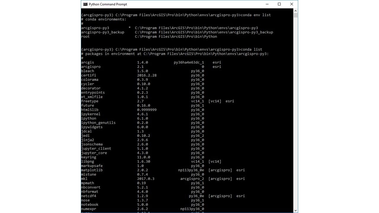 Screenshot of the command prompt for interacting with conda