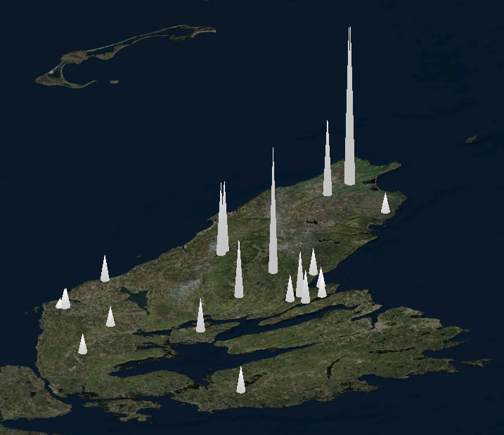 map of waterfalls displayed with 3D height