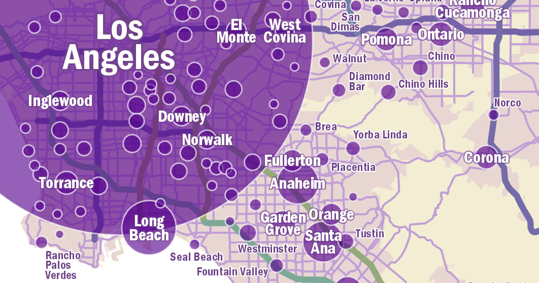 Cities of different sizes with labels of different sizes