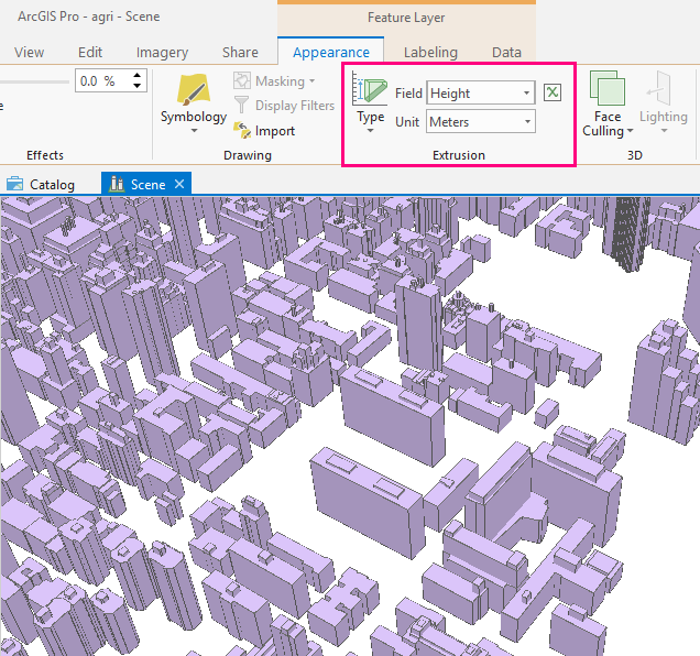 Set extrusion on the Appearance tab of the ribbon.