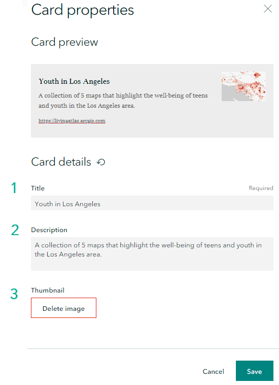 The Card Details dialog box that comes up when clicking on Card Properties, allowing you to change the Title, Description, and Thumbnail image. The Card Details dialog box that comes up when clicking on Card Properties, allowing you to change the Title, Description, and Thumbnail image.