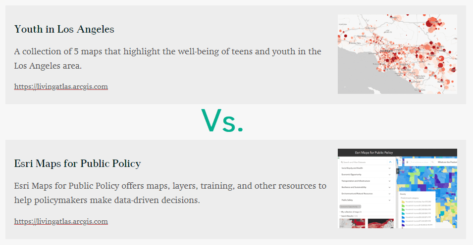An embed card with the title "Youth in Los Angeles" rather than "Esri Maps for Public Policy" with the description and thumbnail image changed as well. An embed card with the title "Youth in Los Angeles" rather than "Esri Maps for Public Policy" with the description and thumbnail image changed as well.