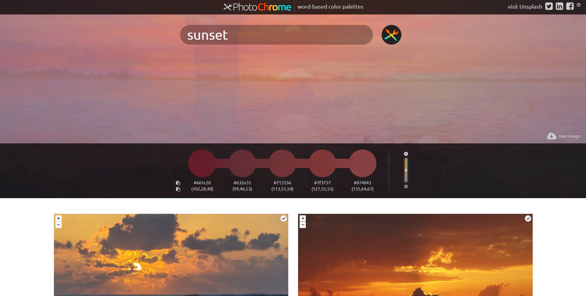PhotoChrome.io sample showing a search for a sunset. PhotoChrome.io sample showing a search for a sunset.