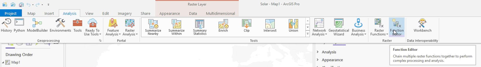 Where to find the Raster Function Editor in the ribbon in Pro. Where to find the Raster Function Editor in the ribbon in Pro.