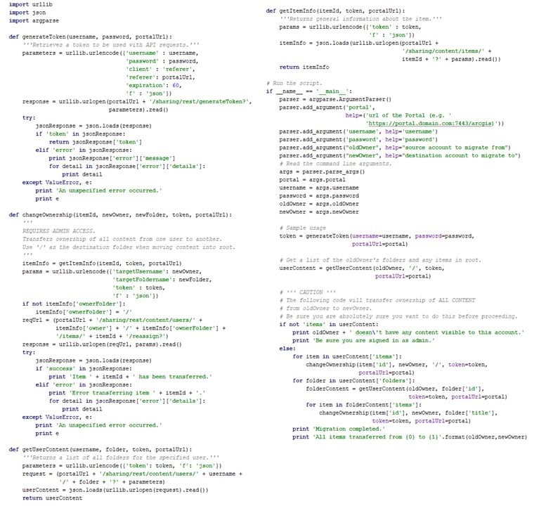 Script for transferring content from one user to another using urllib from https://enterprise.arcgis.com/en/portal/latest/administer/windows/example-transfer-item-ownership.htm Script for transferring content from one user to another using urllib from https://enterprise.arcgis.com/en/portal/latest/administer/windows/example-transfer-item-ownership.htm