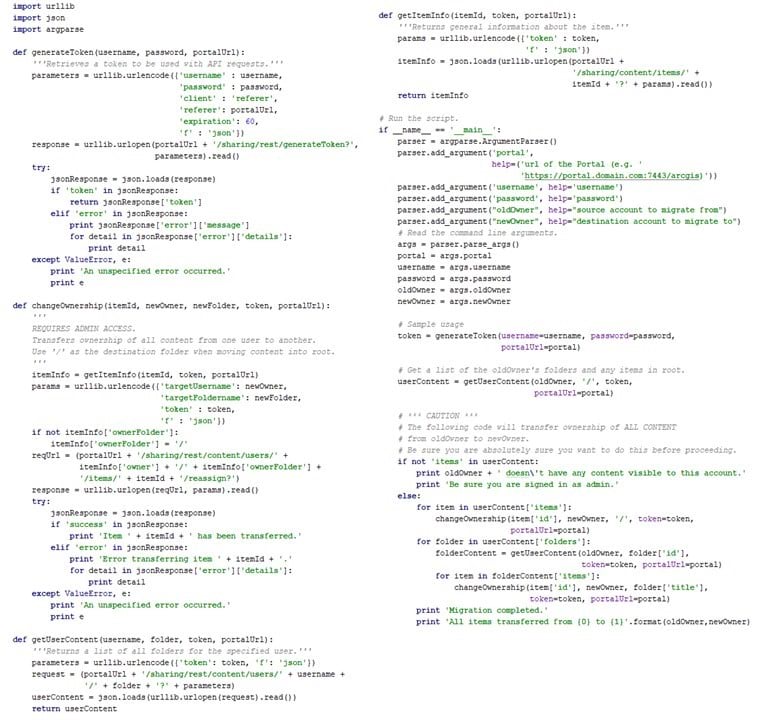 Script for transferring content from one user to another using urllib from https://enterprise.arcgis.com/en/portal/latest/administer/windows/example-transfer-item-ownership.htm