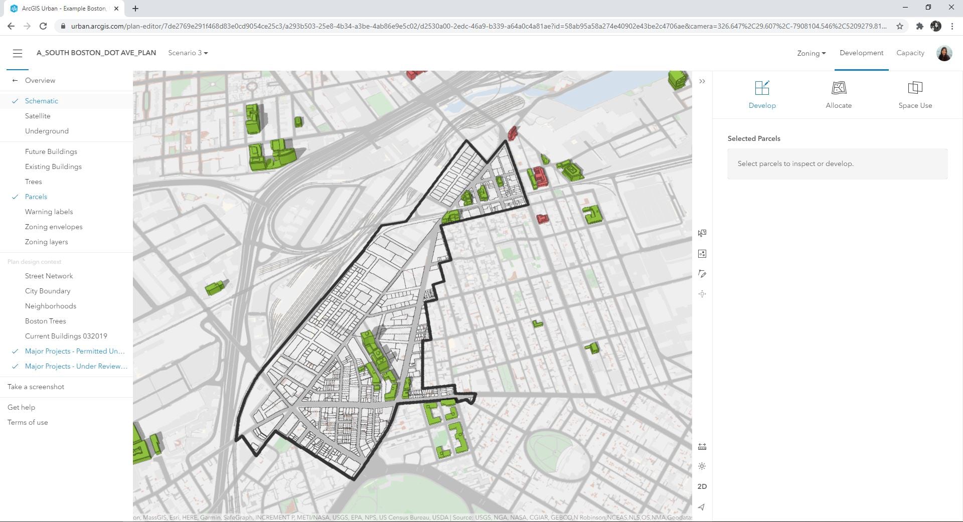 Fig. 9: CityEngine created parcels in ArcGIS Urban scenario