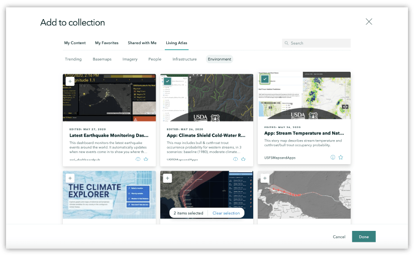 Browse stories and apps by category in the Living Atlas and add them to a collection Browse stories and apps by category in the Living Atlas and add them to a collection