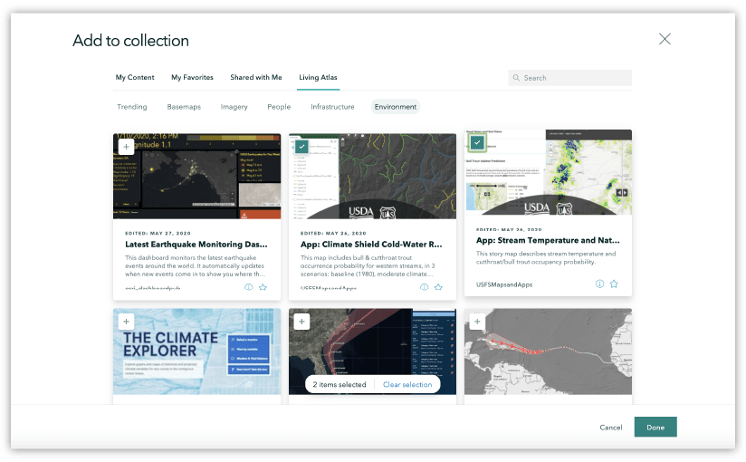 Browse stories and apps by category in the Living Atlas and add them to a collection