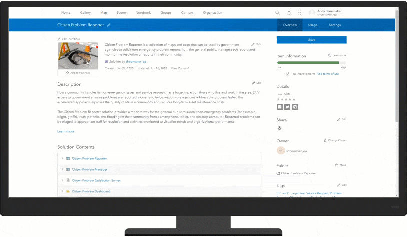 An ArcGIS Solution item summarizes content provided in the solution