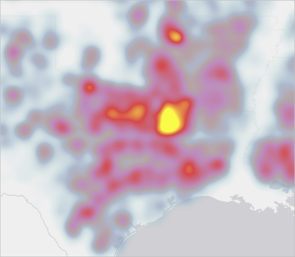 Heat map of wild fires, zoomed in to Texas