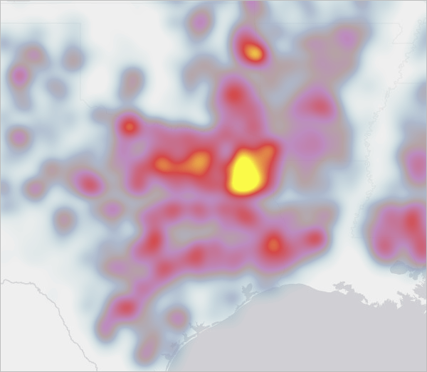 Heat map of wild fires, zoomed in to Texas Heat map of wild fires, zoomed in to Texas