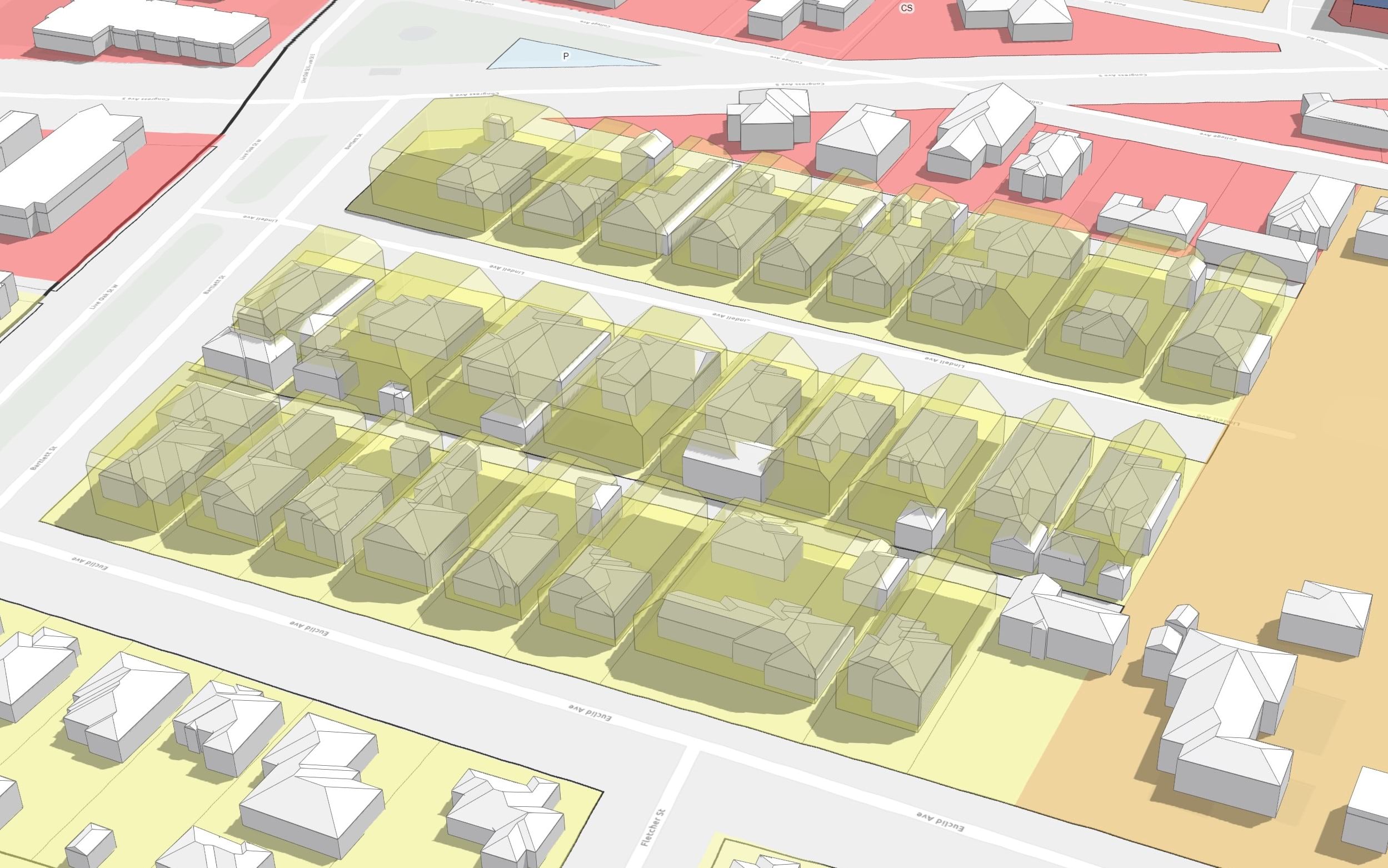 Zoning envelopes with skyplanes compared to existing buildings.