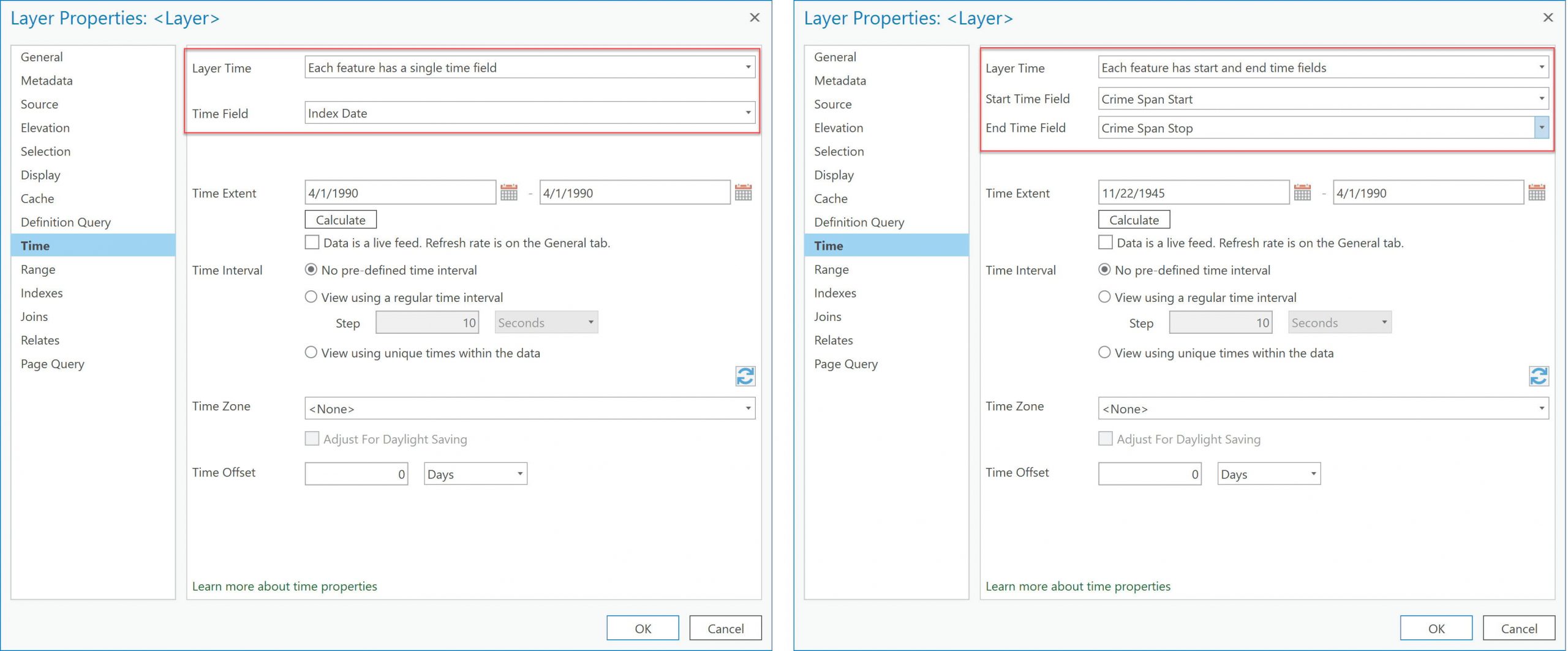 Time layer properties for single field and start-end range fields.