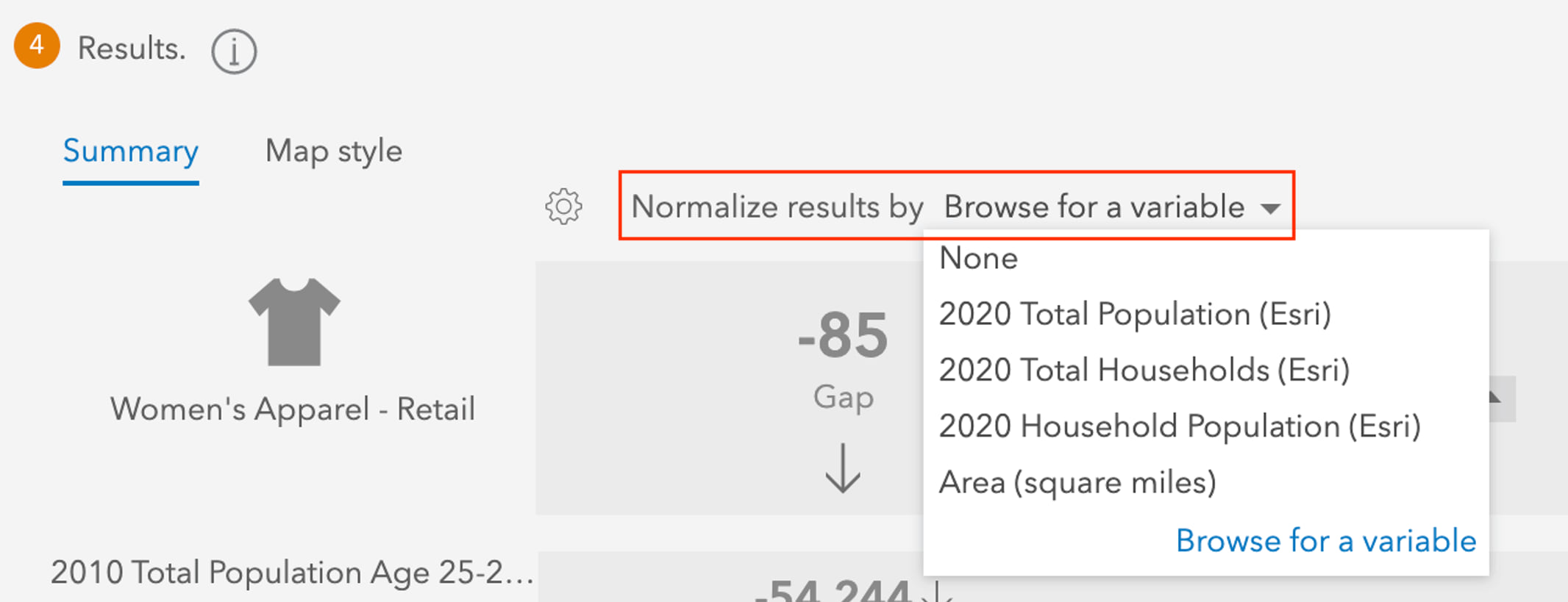 Void Analysis normalization dropdown in ArcGIS Business Analyst Web App