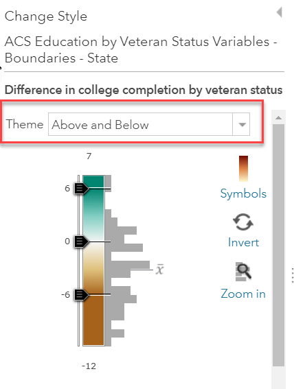Above and below selected as the theme in the Change Style panel while working within the Map Viewer. Above and below selected as the theme in the Change Style panel while working within the Map Viewer.