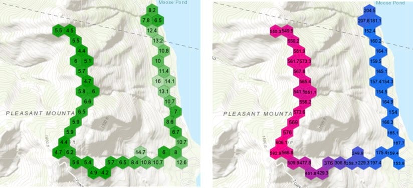 A map of aggregated horizontal accuracy data next to a map of aggregated altitude data.