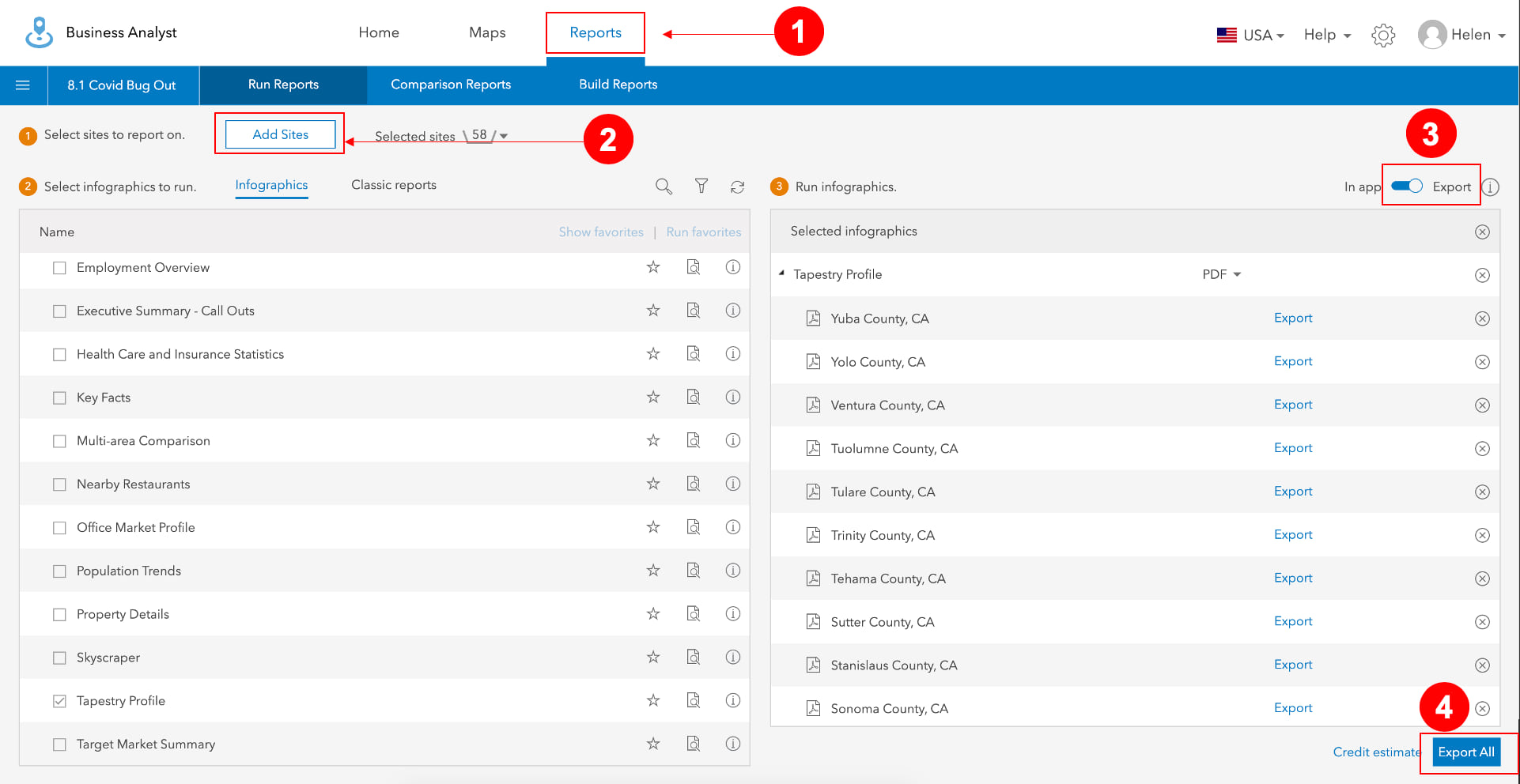 Workflow for batch infographics in ArcGIS Business Analyst Web App.