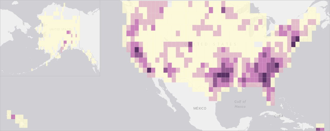 Binned map of wildfires Binned map of wildfires