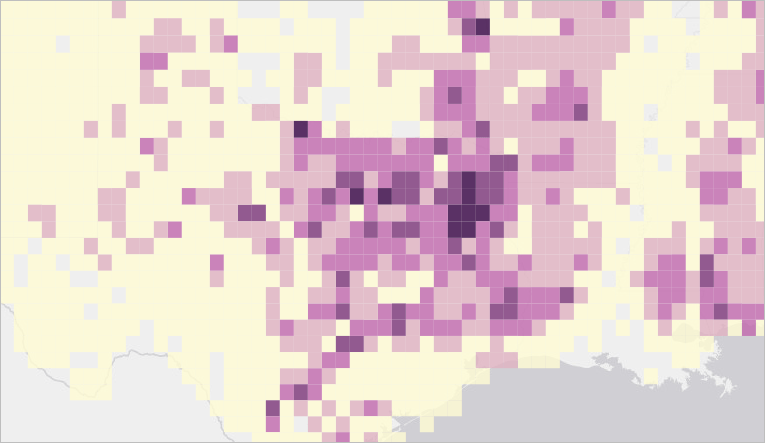 Binned map of wild fires, zoomed in to Texas