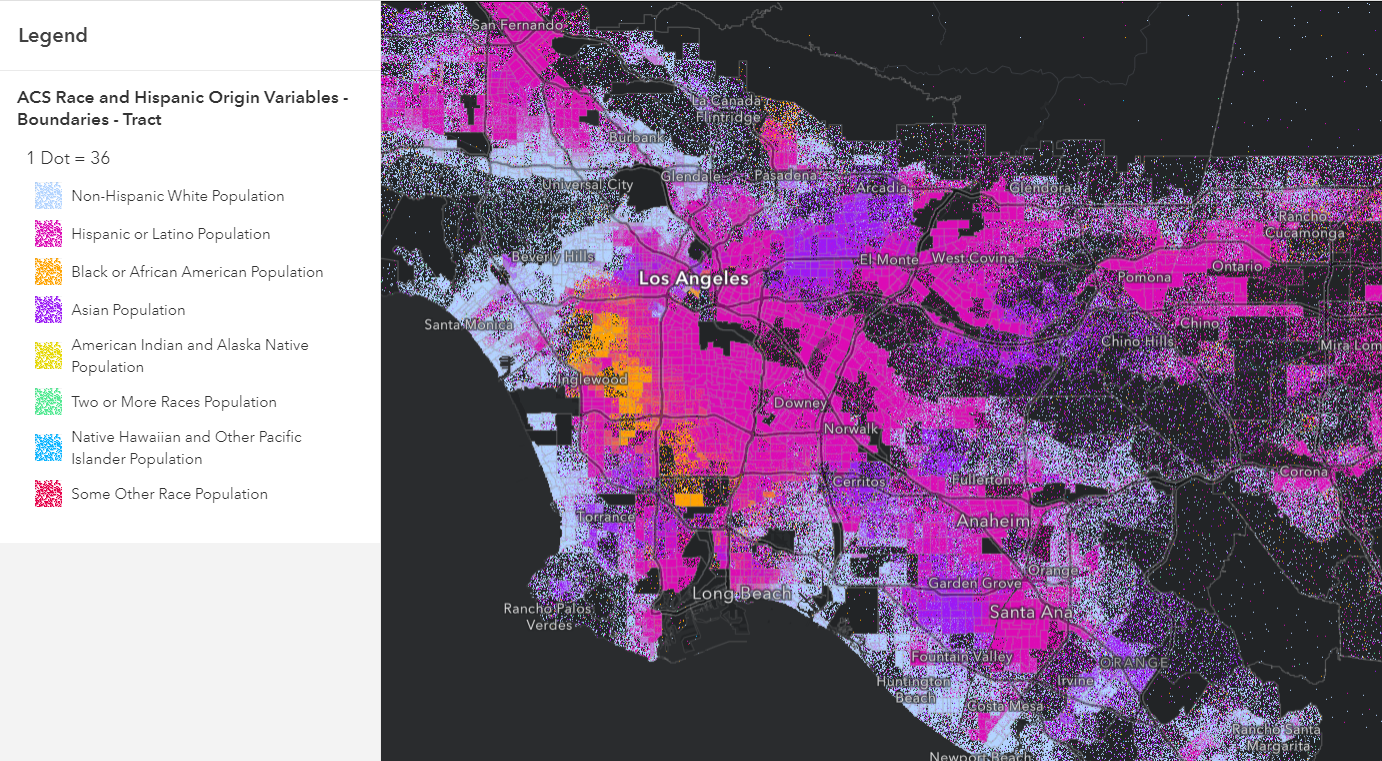 Dot density map of race/ethnic groups in Los Angeles.