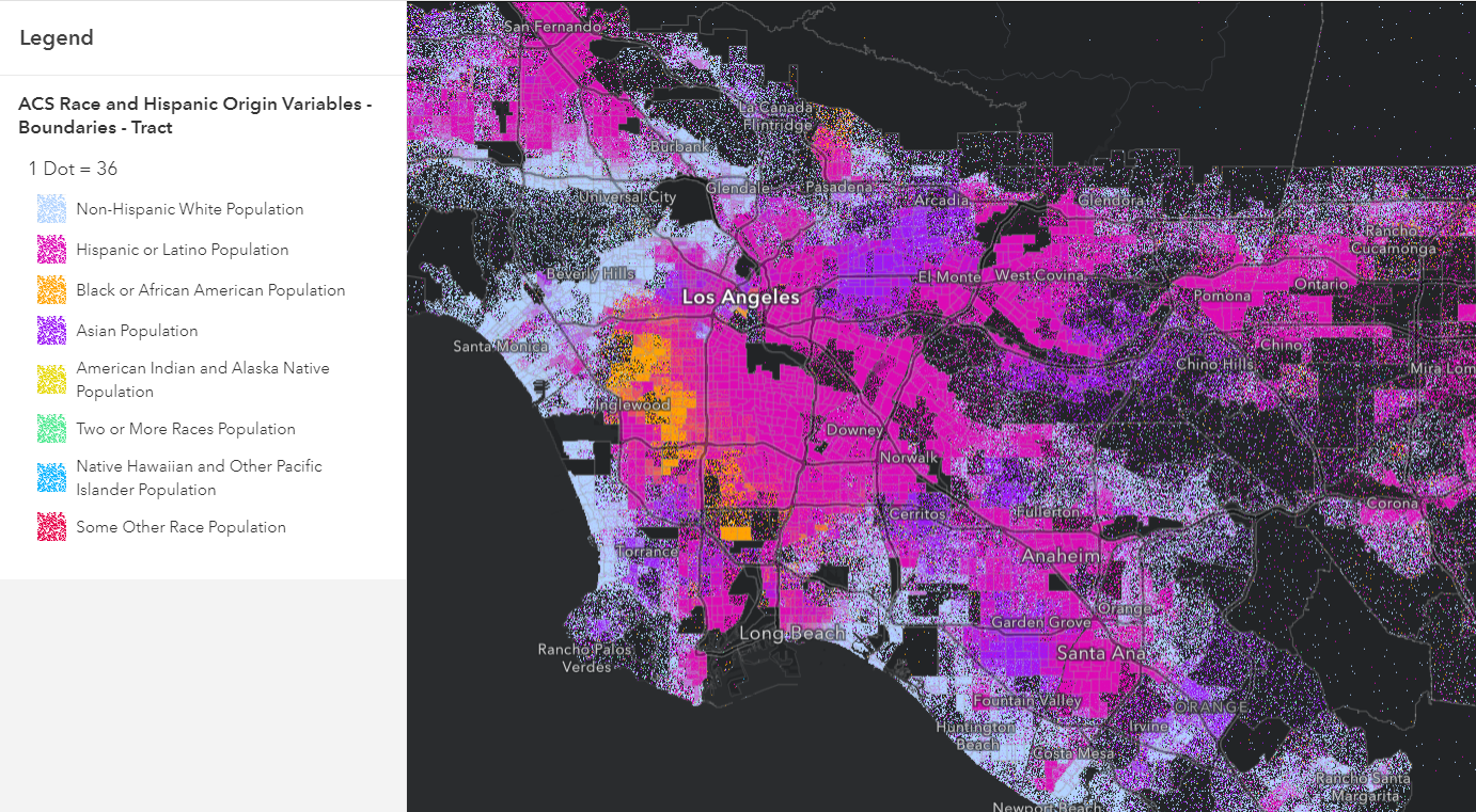 Dot density map of race/ethnic groups in Los Angeles. Dot density map of race/ethnic groups in Los Angeles.