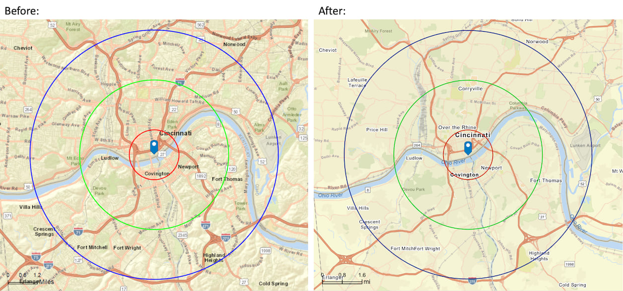 Enhanced map reports - blurry, crowed image on left with clear, non-crowded version on the right.