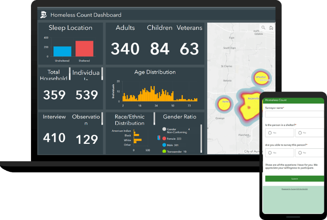 A dashboard showing a heat map of survey responses behind a mobile device collecting information