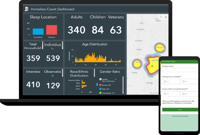 A dashboard showing a heat map of survey responses behind a mobile device collecting information A dashboard showing a heat map of survey responses behind a mobile device collecting information