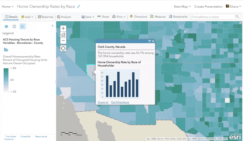 Filled-polygon map of homeownership rates by county, pop-up of Clark County, NV shows a column chart with homeownership by race. Labels of the columns appear as the mouse hovers over each bar.