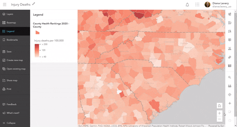 Filled-polygon map of overall injury death rate (darker colors have higher rates). Map zooms into Charlotte, NC, and labels turn on that shows the overall rate, the Black rate, and White rate.