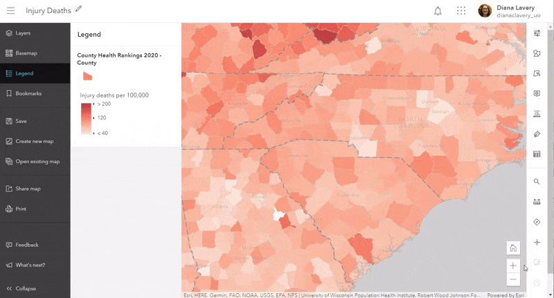 Filled-polygon map of overall injury death rate (darker colors have higher rates). Map zooms into Charlotte, NC, and labels turn on that shows the overall rate, the Black rate, and White rate. Filled-polygon map of overall injury death rate (darker colors have higher rates). Map zooms into Charlotte, NC, and labels turn on that shows the overall rate, the Black rate, and White rate.