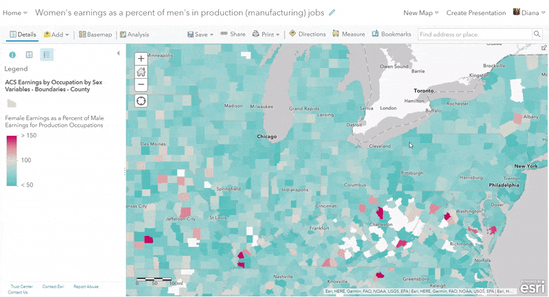Map centered on the Rust Belt area that shows blue areas where men earn more in manufacturing, some pink areas where women earn more, and some gray areas that are near parity.