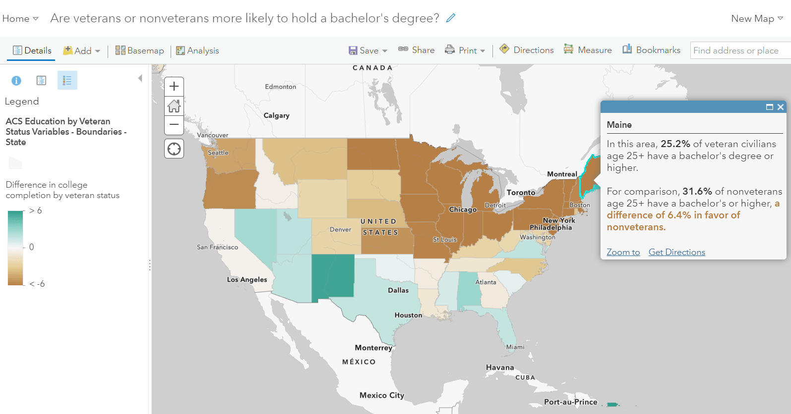 Many northern states in this map appear gold, showing a difference in favor of nonveterans, whereas many southern and southwestern states appear green, showing a difference in favor of veterans. Many northern states in this map appear gold, showing a difference in favor of nonveterans, whereas many southern and southwestern states appear green, showing a difference in favor of veterans.