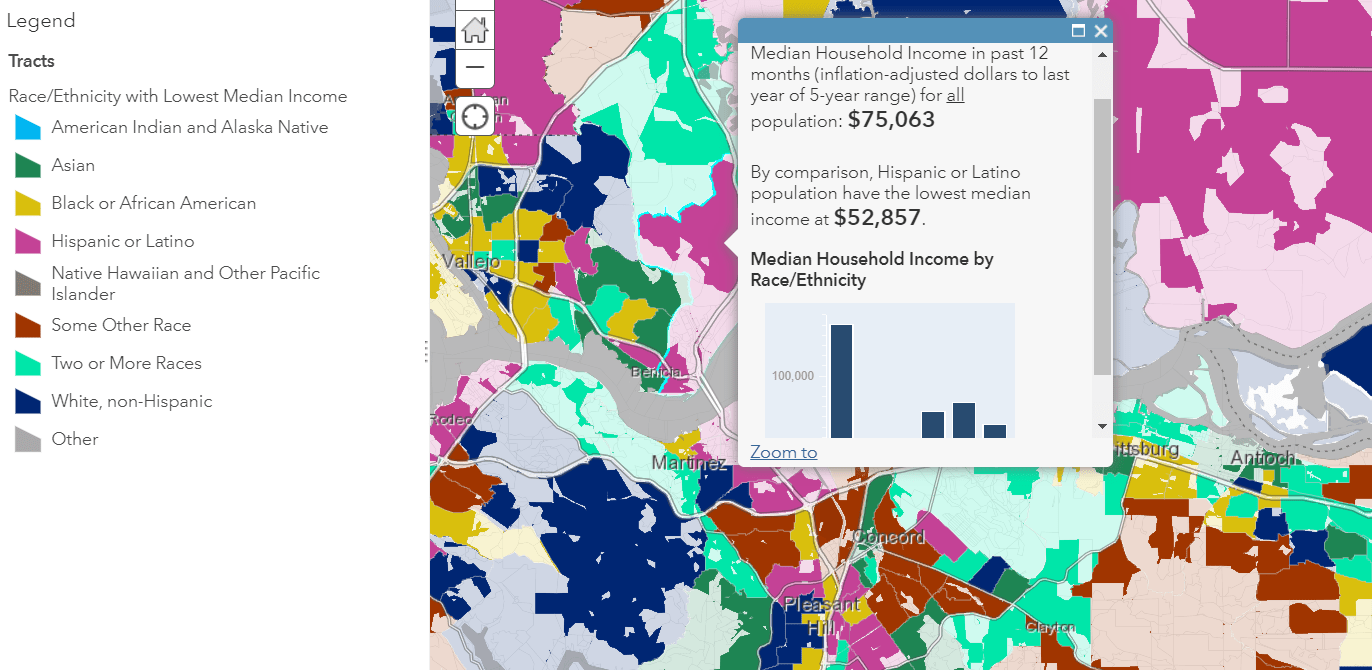 Map centered on Vallejo, CA. Pop-up shows that overall median income in that tract is $75,063, however Hispanic and Latino median income here is $52,857, the group with the lowest median income in that tract. Map centered on Vallejo, CA. Pop-up shows that overall median income in that tract is $75,063, however Hispanic and Latino median income here is $52,857, the group with the lowest median income in that tract.