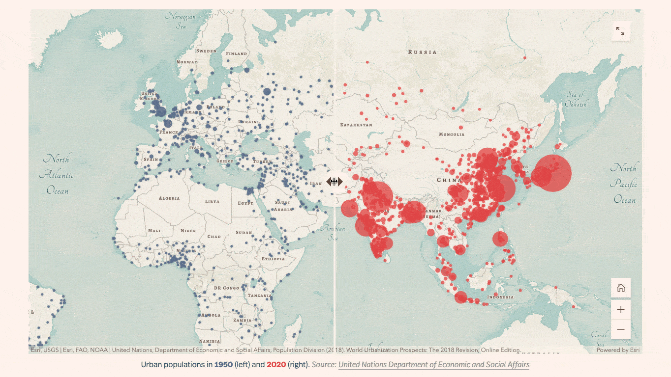 A screen recording of a swipe block comparing urban populations in 1950 and today